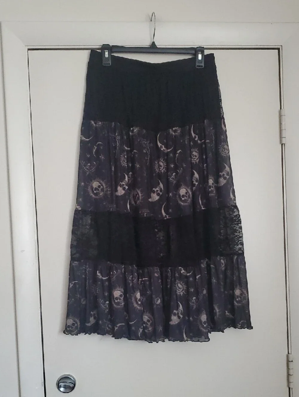 Hot Topic's Black Gold Celestial Skulls Midi Skirt with Moon Print - Picture 2 of 11